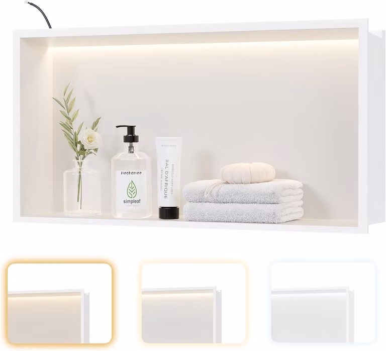 Pannello doccia in acciaio inossidabile con illuminazione a LED, piatto doccia integrato 60x30 cm con 3 colori, ideale per l'arredamento e la decorazione del bagno, colore bianco