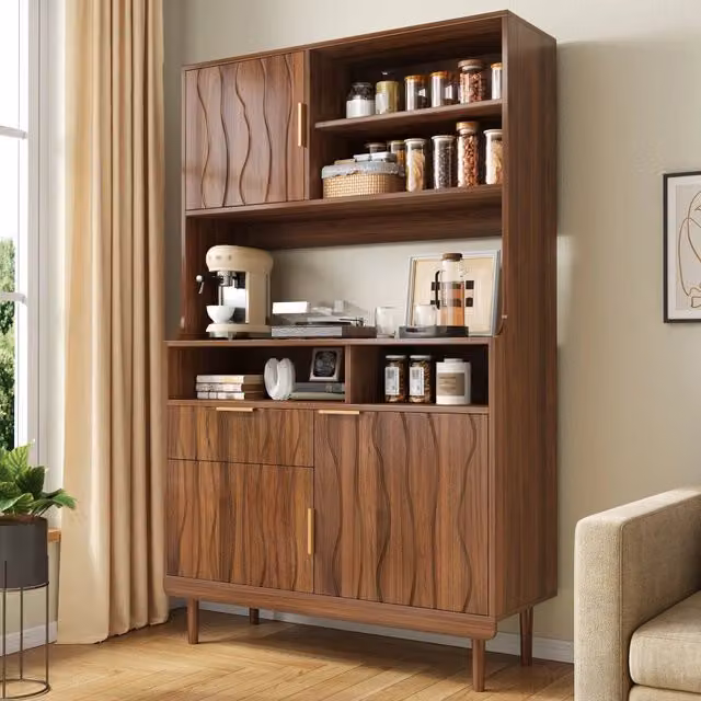 Dispensa alta con ante cassetto e ripiani aperti per cucina in MDF e pannello truciolare noce 100 × 32 × 170 cm