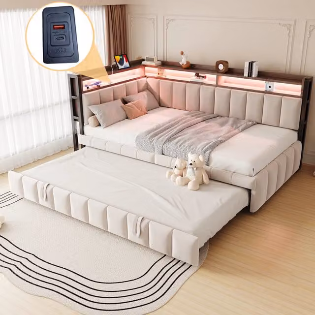 Divano letto angolare Mivray in velluto beige con letto estraibile, illuminazione LED regolabile e porte di ricarica USB e Type-C, L/P/H: 90 x 200 cm