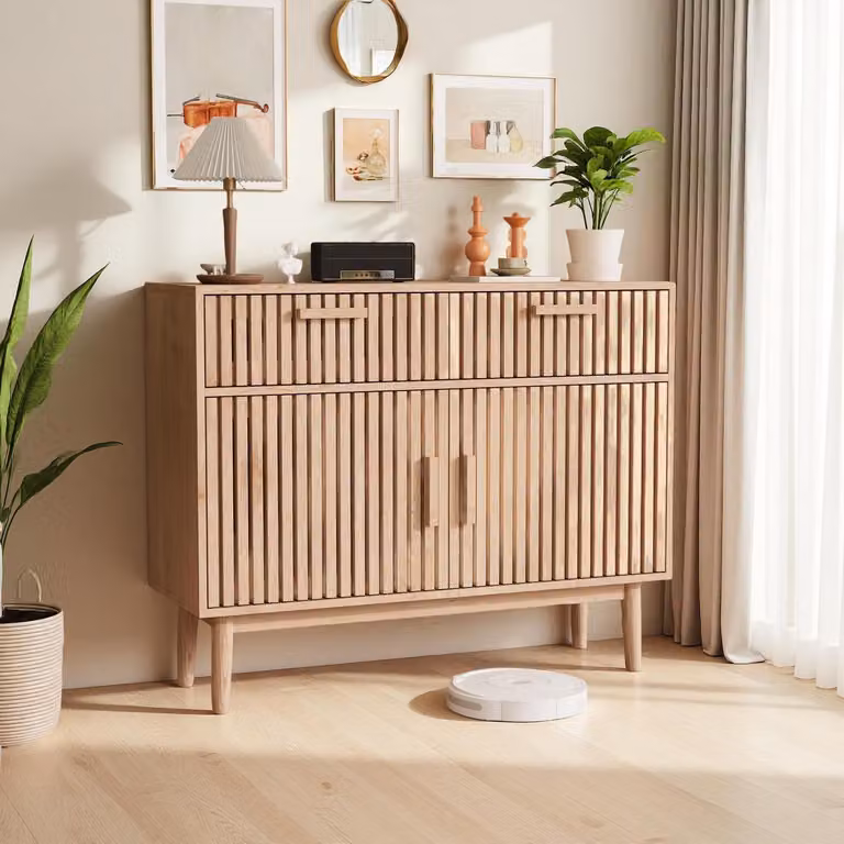 Mobiletto da cucina, credenza in stile boho, legno di quercia, 100x35x80 cm, 2 ante, 2 cassetti