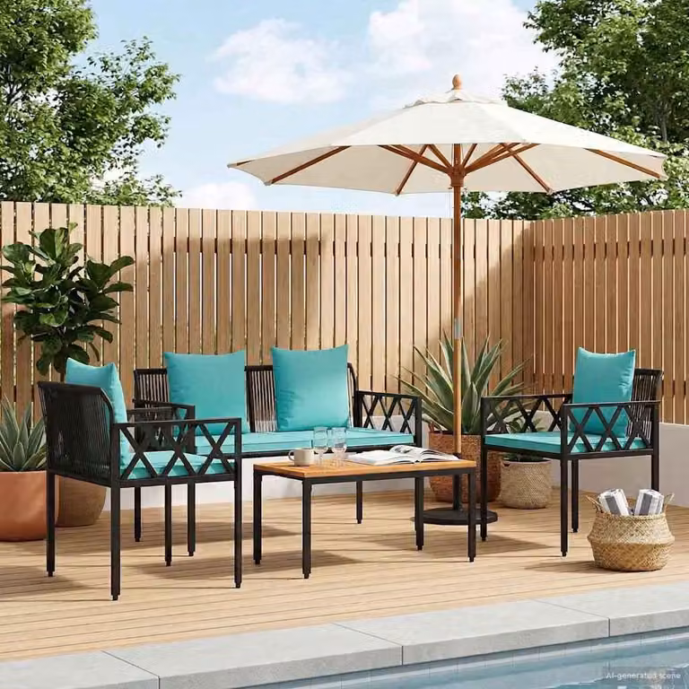 Maison Exclusive - Set di mobili da giardino, 4 pezzi, nero e turchese, in rattan sintetico