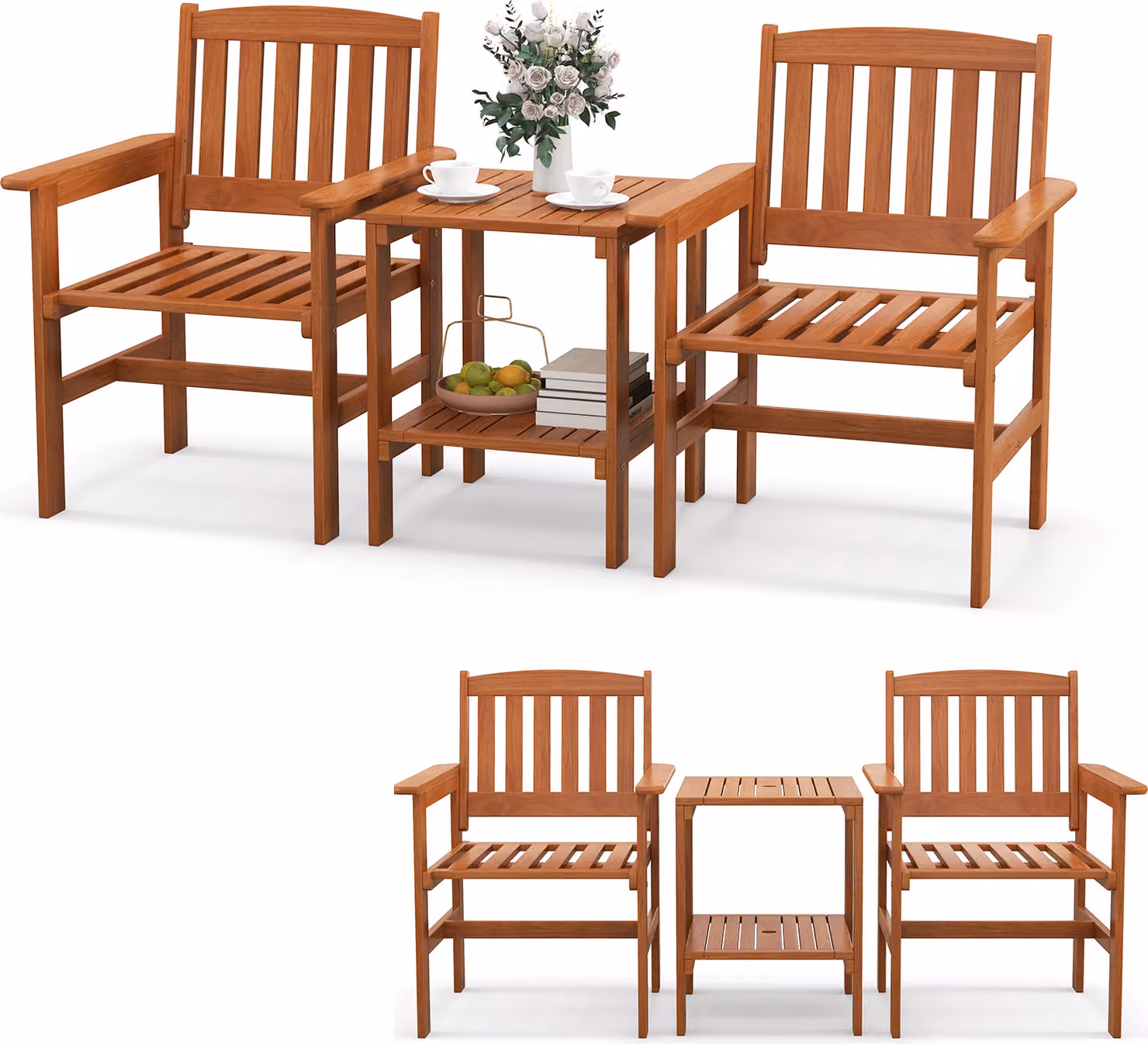 KOMFOTTEU Set da balcone in 3 pezzi in legno massello, set di mobili da giardino comprensivo di 2 sedie da giardino e tavolo da giardino con foro per ombrellone, set di mobili da balcone, set da bistrot per terrazza e giardino