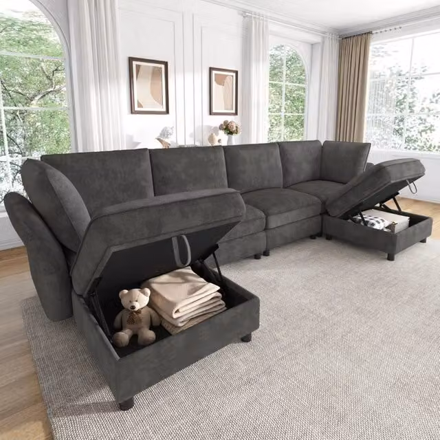 Divano modulare a U grigio 289 x 137 x 84 cm a 6 posti in tessuto ciniglia con pouf contenitore