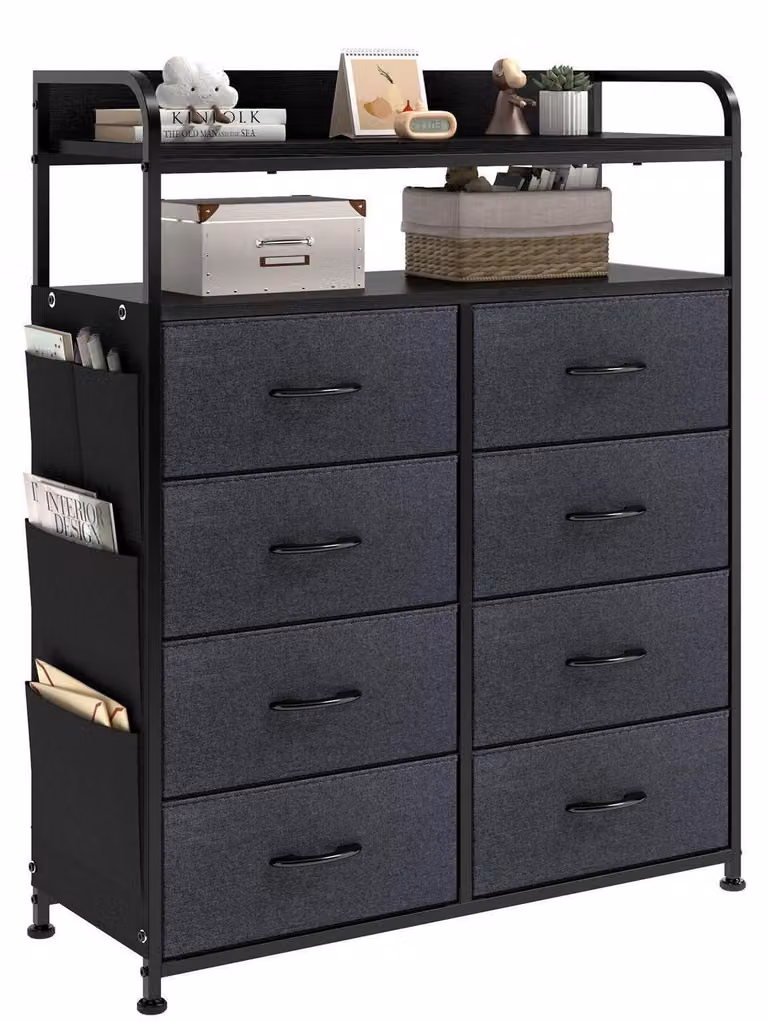 Comodino con 8 cassetti rivestiti in tessuto e 2 ripiani in legno, colore nero, dimensioni 80x30x100 cm