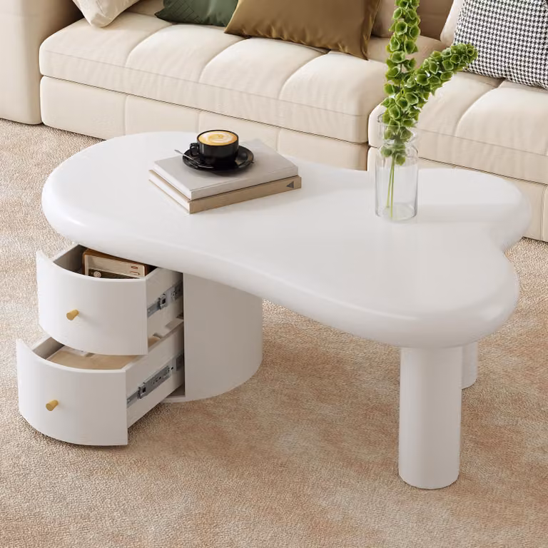 MODFU Tavolino asimmetrico Tavolino moderno con due cassetti discreti, tavolino con bordi arrotondati, superficie in MDF, bianco