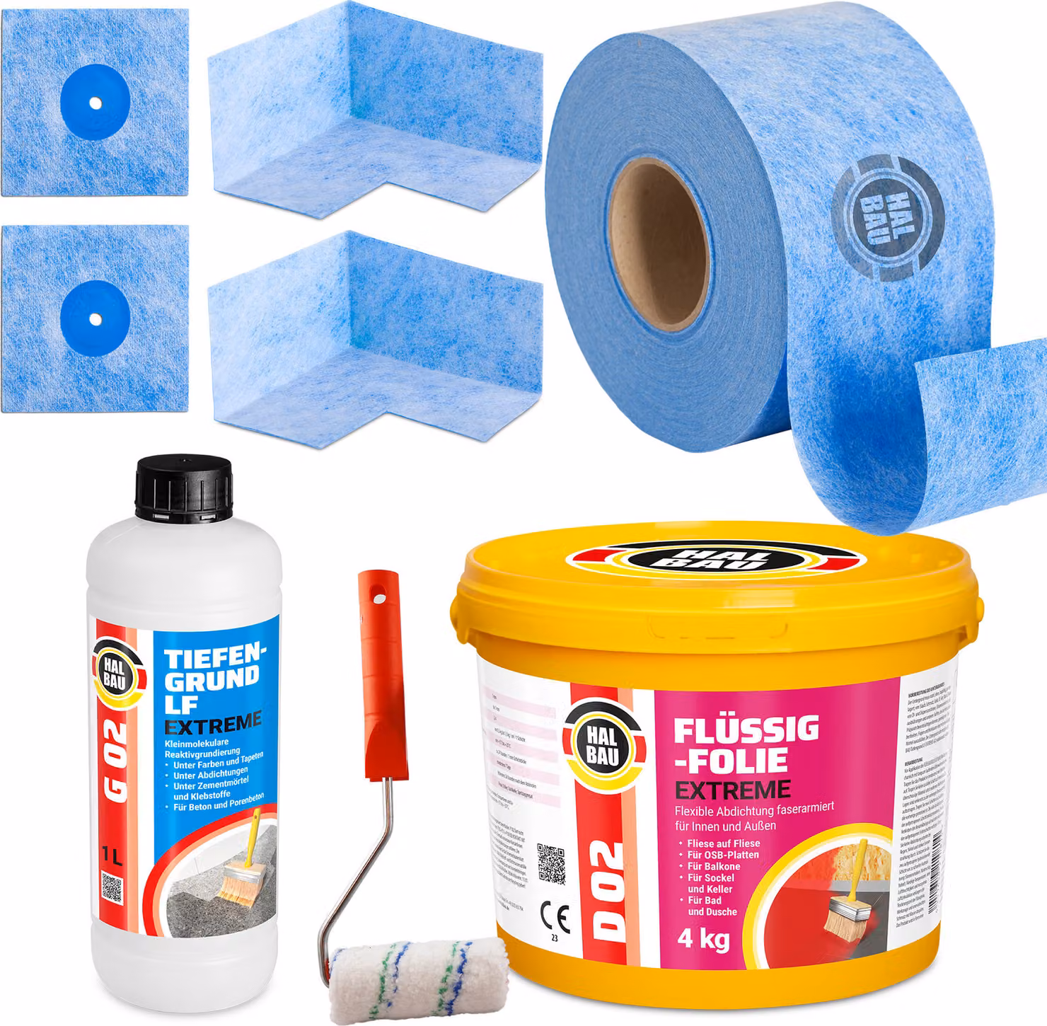 Set di sigillatura per balconi e bagni Foglio liquido sigillante 4 kg Fondo penetrante profondo 1 litro Rullo per verniciatura 10 cm Set di nastri sigillanti per esterni e interni H304