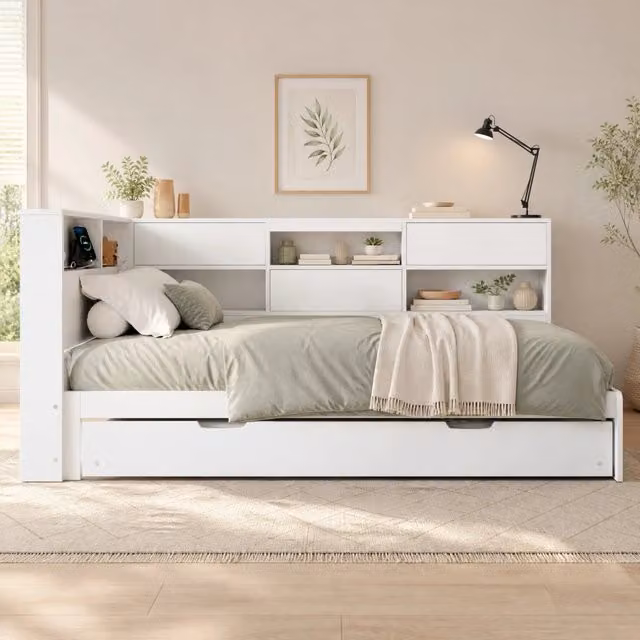 Letto Mivray con letto estraibile e testiera contenitore con porte USB e Type-C, Bianco, L/P/H: 90 x 200 cm