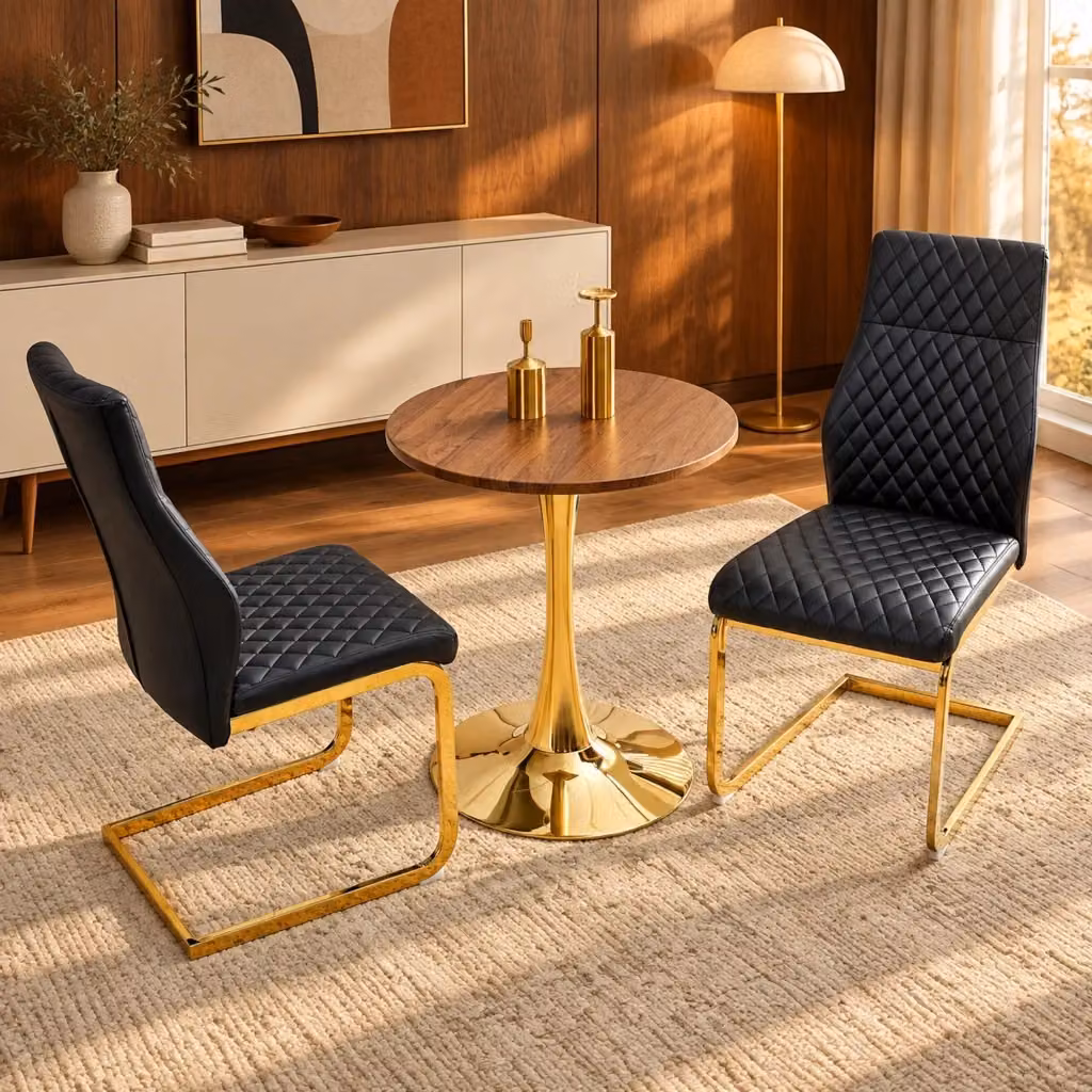 Set tavolo rotondo MIVRAY con 2 sedie da pranzo in MDF effetto noce, PU nero e metallo dorato, Diametro: 120 cm, Altezza: 72 cm – 2