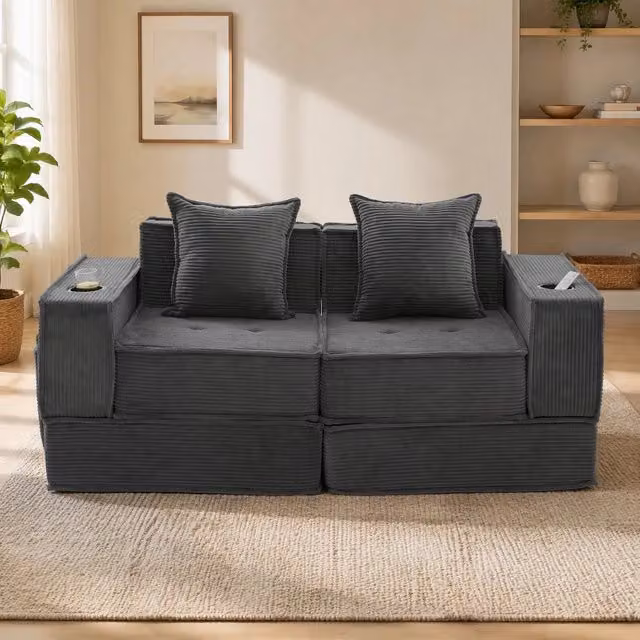 Divano pouf modulare in velluto a coste; 2 cuscini; tasche laterali; grigio scuro