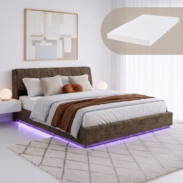 Letto Matrimoniale King Size Contenitore Tröstiar a Luce LED con Materasso 180x200 cm - Effetto Lino Verde [en.casa]