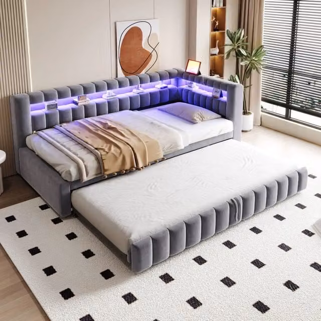 Letto divano estraibile 90x200 cm con USB/Type-C; LED; vani portaoggetti; schienale a righe e velluto grigio scuro