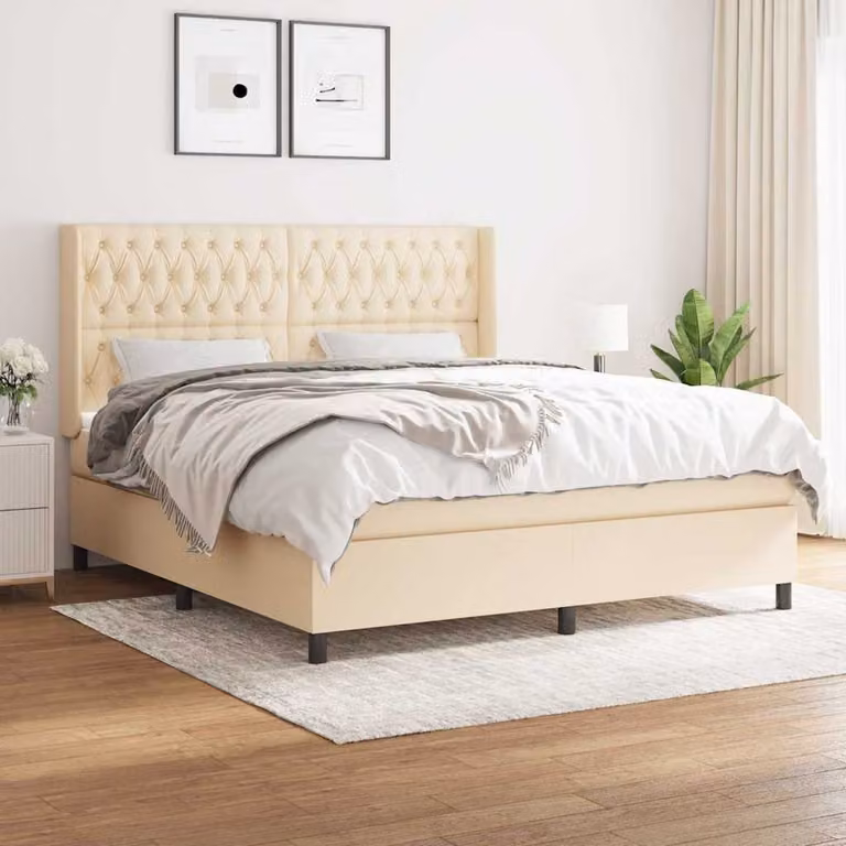 vidaXL Giroletto a Molle Ibrido con Materasso in Tessuto Beige e Bianco L/P/H: 203 x 183 x 128 cm