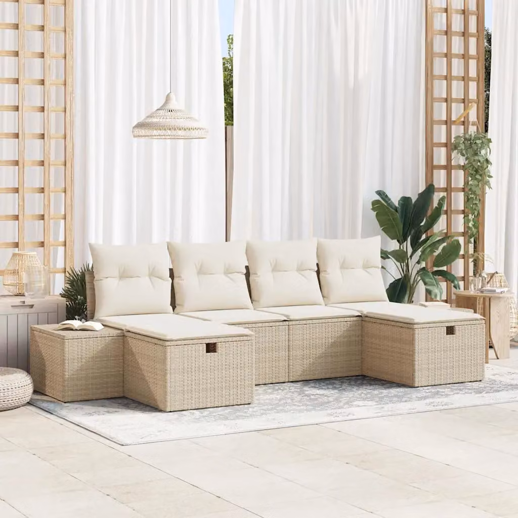 Set Divano da Giardino vidaXL 6 pz in Polyrattan Beige con Cuscini e Ottoman L-Shape