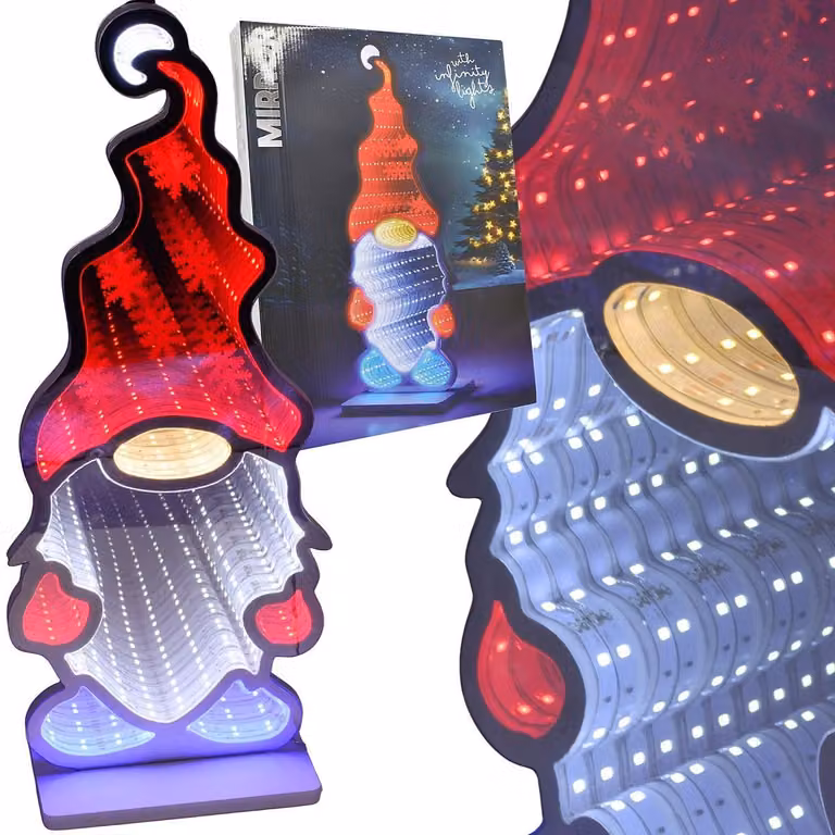 Decorazione natalizia a LED a forma di gnomo con effetto specchio infinito, multicolore, 45 cm, inclusa alimentazione
