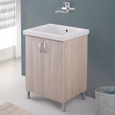 Mobile lavanderia moderno in ceramica e legno con strofinatoio finitura olmo, colori bianco e beige