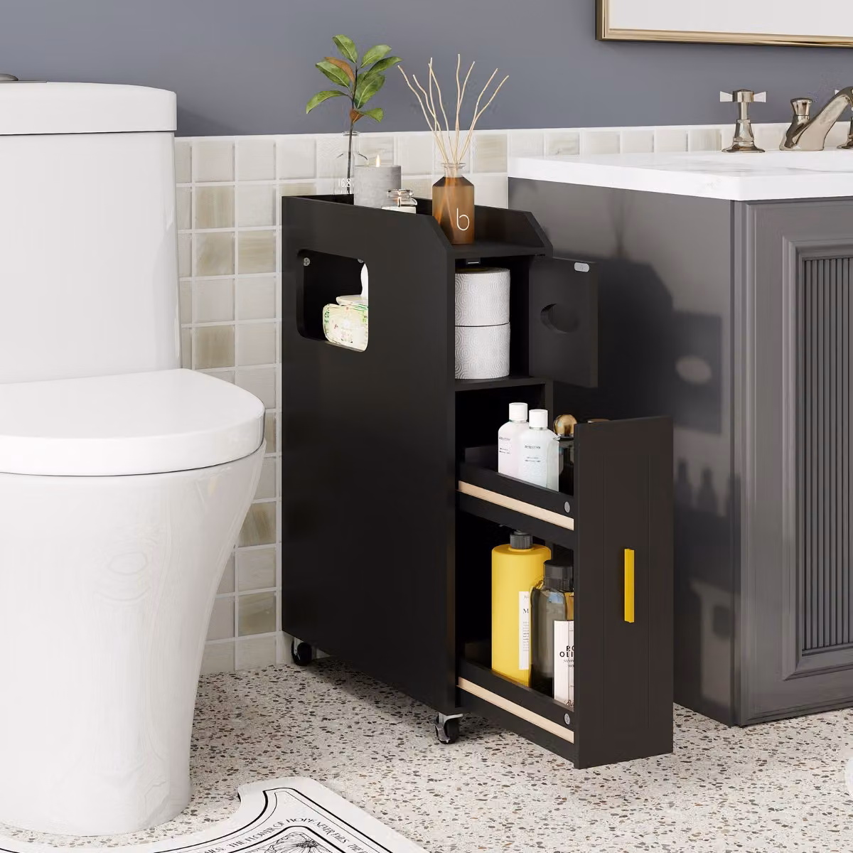 Costway Mobiletto da Bagno Slim con Ruote e Portascopino, Nero