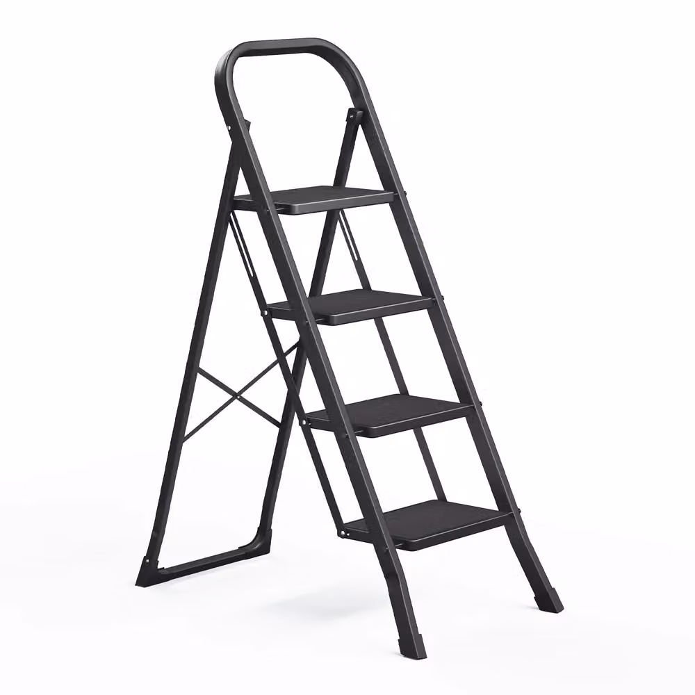 Scaletta Pieghevole Chiusura di Sicurezza per Piegamento, Nero / 4 Gradini (89P x 45l x 127H cm)