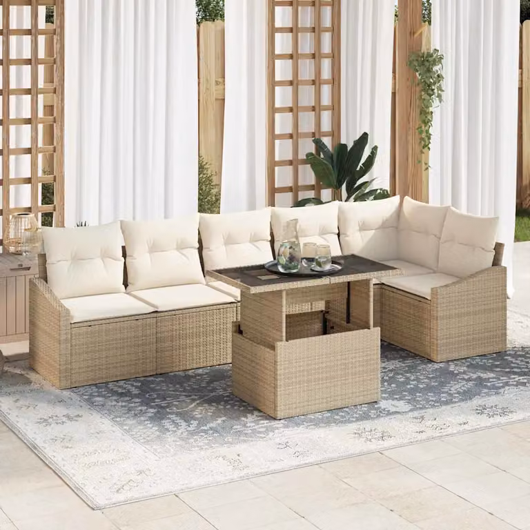 vidaXL Set Divano da Giardino 7 pz in Polyrattan Beige e Bianco con Cuscini e Tavolino