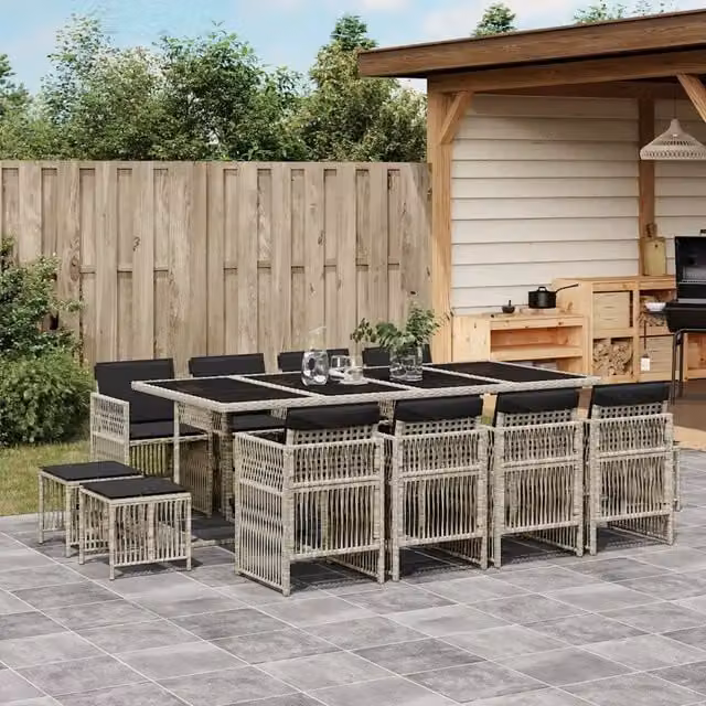 Set da pranzo da giardino vidaXL in polyrattan con cuscini e tavolo in vetro, 13 pezzi, Grigio Antracite