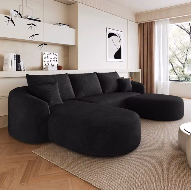 Divano angolare a U 266x168x85 cm in tessuto nero, senza montaggio, per soggiorno –