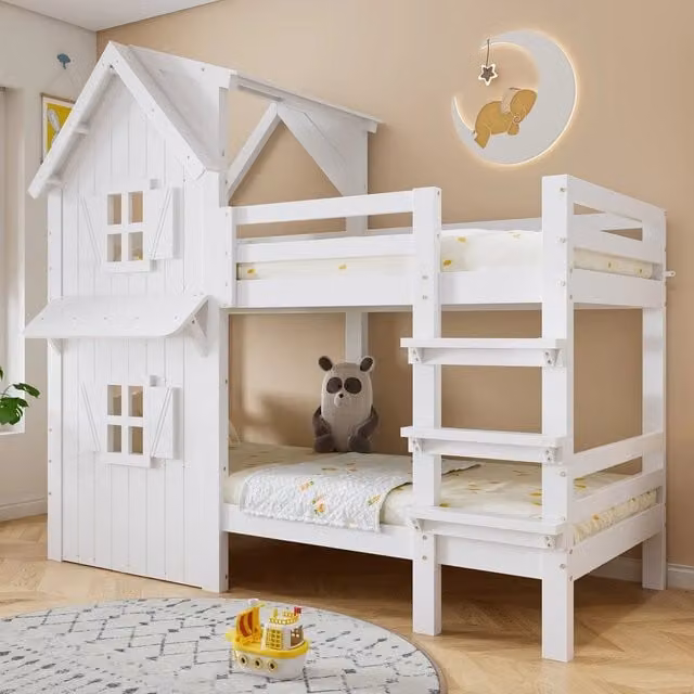Letto a castello per bambini ¨C Minimal ¨C Bianco legno pino 90x200cm con scaletta e ringhiera di sicurezza