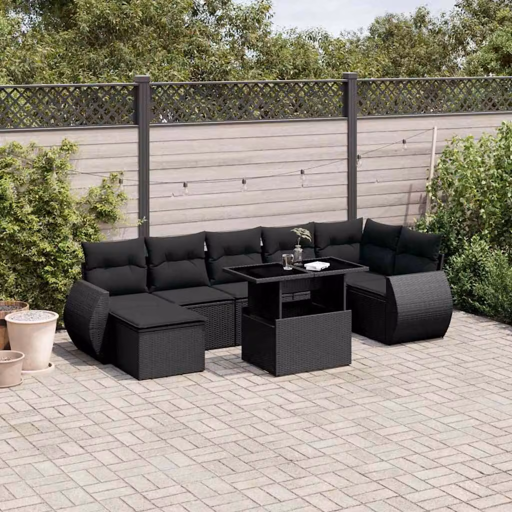 vidaXL Set Divani da Giardino a L con Cuscini Nero in Polyrattan e Acciaio – 1