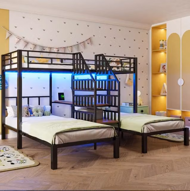 Letto a castello 90x200 cm con LED; scala con vani e scrivania in metallo