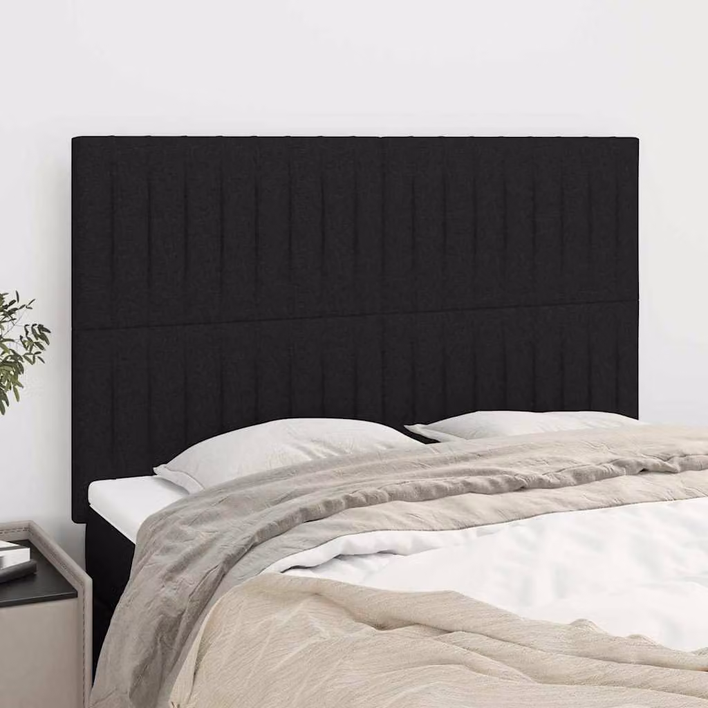 Testiera per letto vidaXL in tessuto nero con struttura in legno e pannello imbottito, L: 144 cm, P: 5 cm, H: 118/128 cm