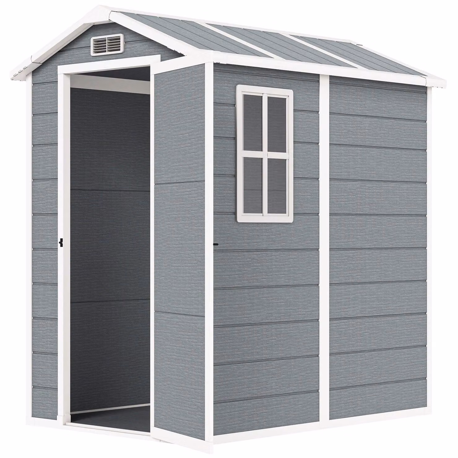 Casetta da giardino in plastica, con base e porta con serratura | Colore: Grigio | Dimensioni: 131x186x198 cm
