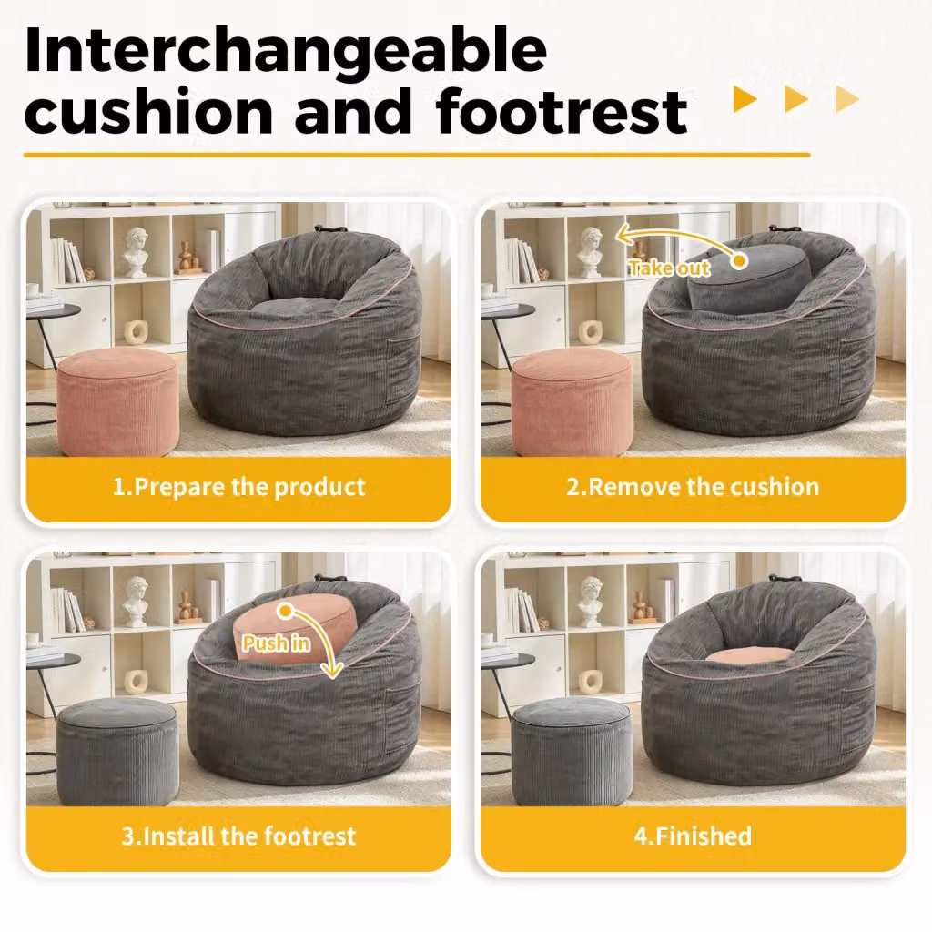 Poltrona pouf ergonomica OKWISH con tasca laterale e pouf cilindrico in flanella grigia L/P/H: 50 x 43,5 x 35,5 cm