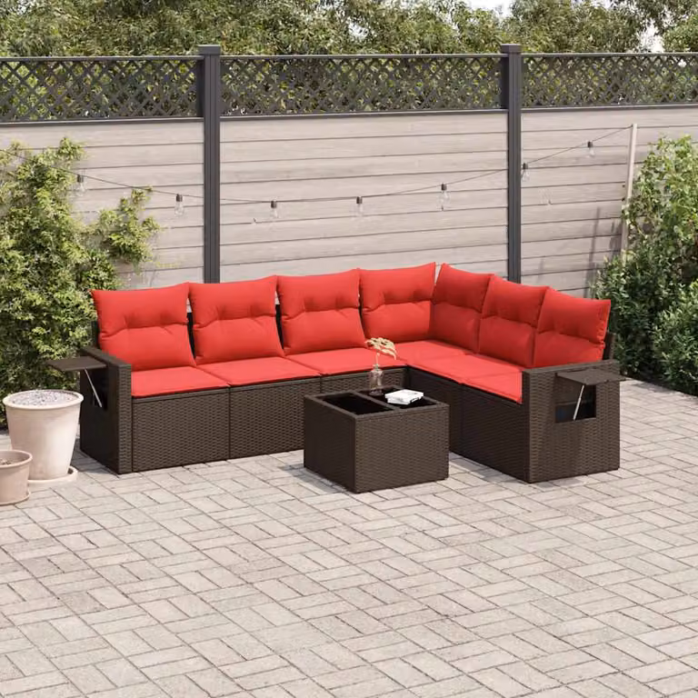 Set Divani da Giardino vidaXL 7 Pezzi in Polyrattan Marrone con Cuscini e Tavolino da Esterno