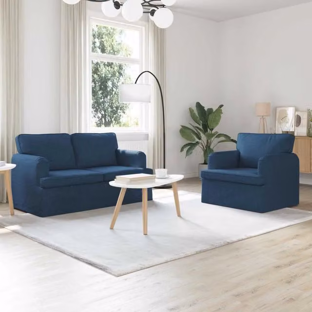 Set di 2 divani moderni vidaXL in tessuto blu con struttura in metallo e coperture rimovibili – 1