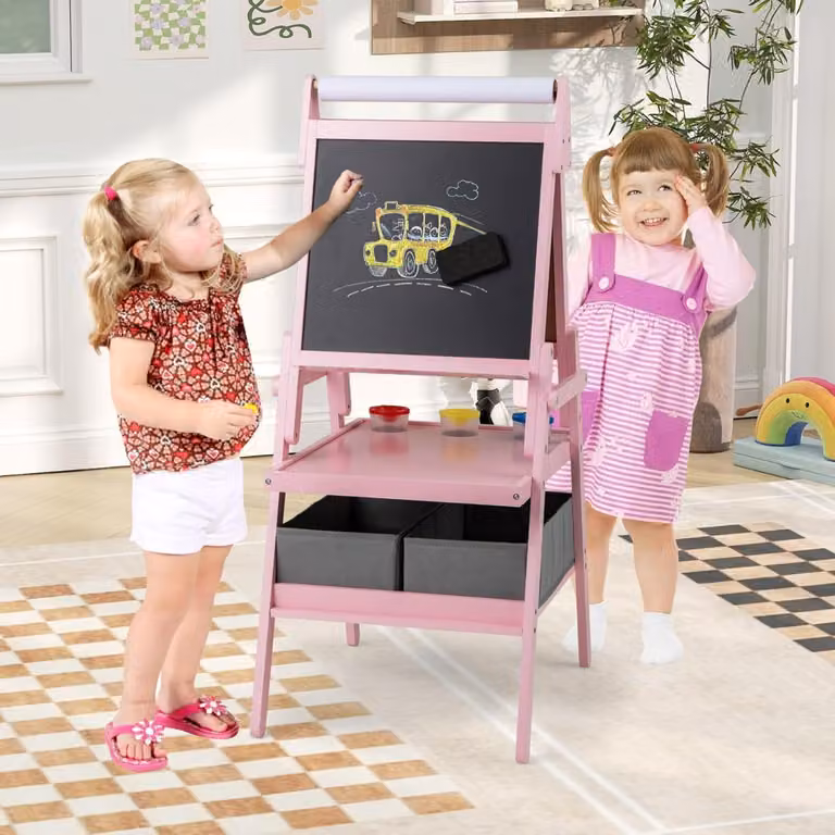 Cavalletto 3 in 1 Costway per bambini con doppia faccia magnetica e lavagna bianca, Rosa