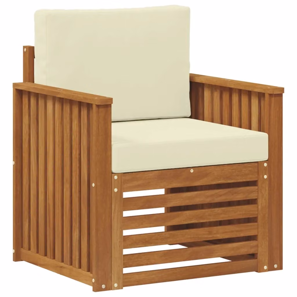 Divano da esterno moderno in legno di acacia massello e poliestere beige e bianco per giardino e terrazza L/P/H: 73 x 59 x 63 cm – 2