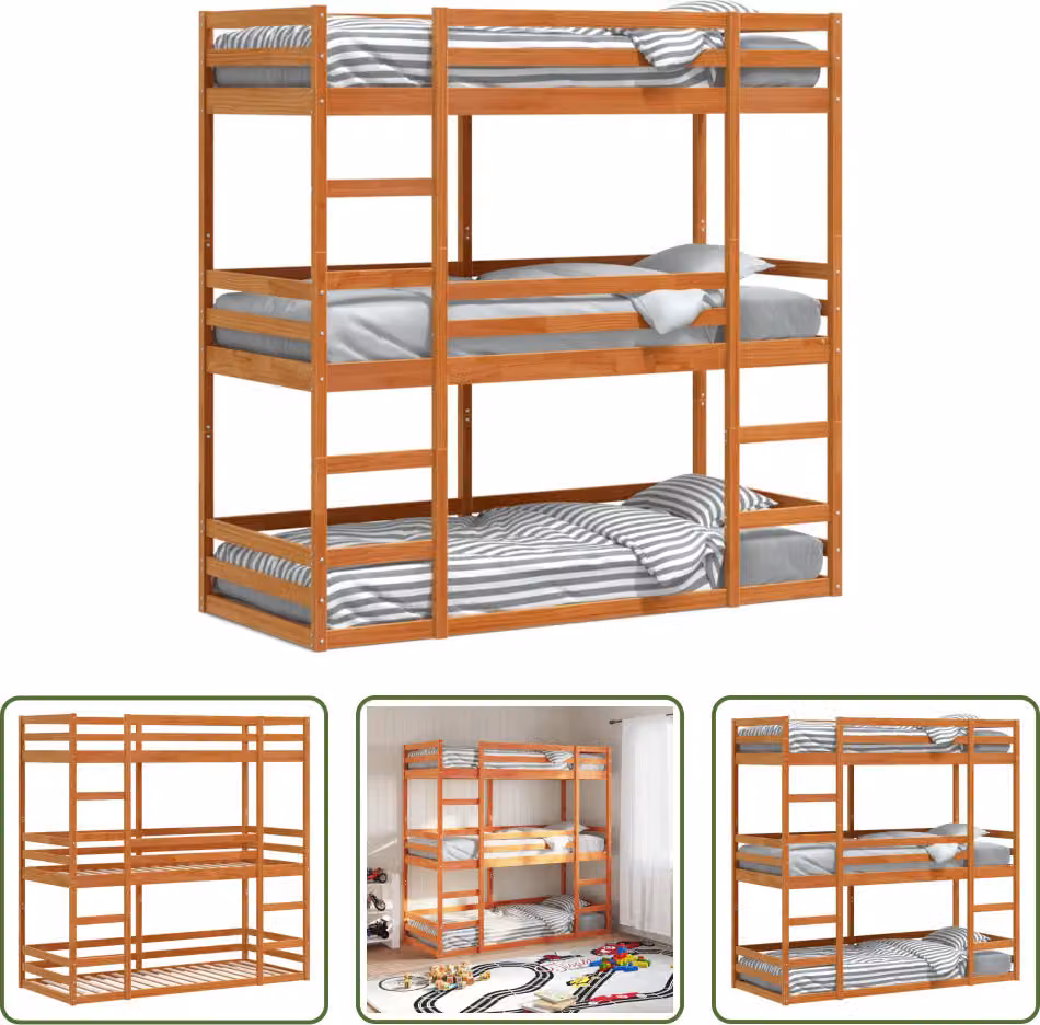 The Living Store Letto a castello triplo marrone cera 90x190 cm in legno di pino massiccio