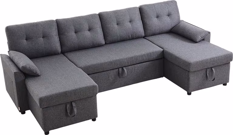 Divano letto componibile - Divano letto a U - Chaise longue doppia - Con vano contenitore - 6 posti - 2 cuscini e 2 tasche laterali - Robusto telaio in metallo