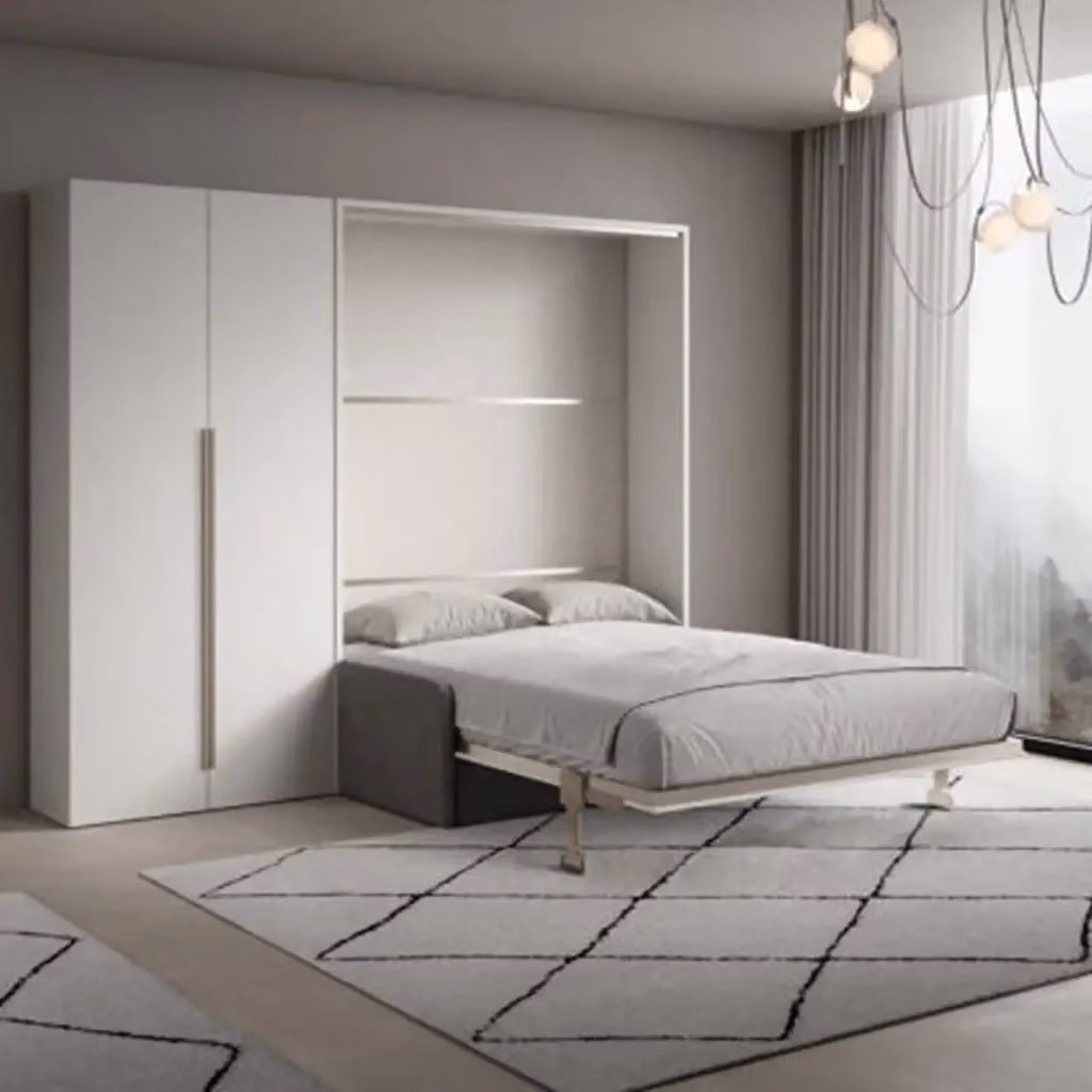 Letto matrimoniale a scomparsa Versia con divano e armadio a sinistra con 2 ante, colore bianco, L/P/H: 160 x 200 cm – 2