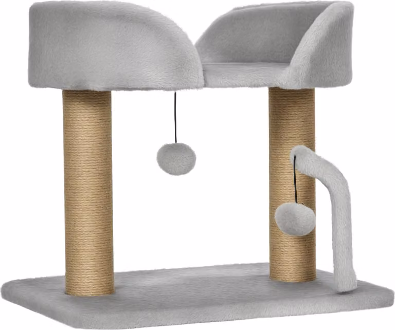 PawHut Design albero per gatti con 2 pompons pendenti 2 pali di iuta + piattaforma in peluche - 48 x 38 x 42 cm - grigio