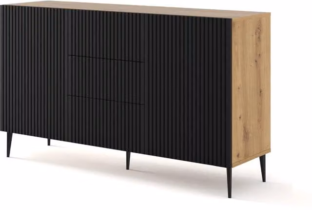 Mobile B Bim Furniture Ravenna in MDF rivestito in legno rovere e nero opaco con 2 ante e 3 cassetti e gambe in metallo nero