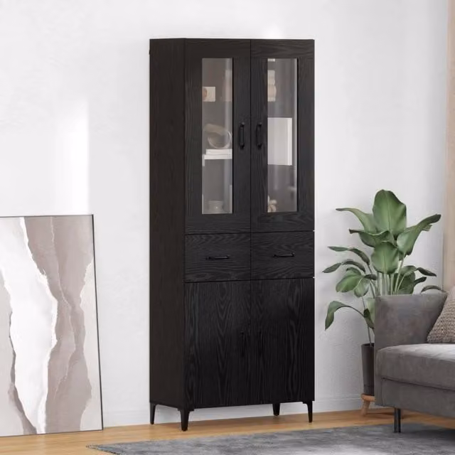 Credenza moderna vidaXL in rovere e nero con ante in vetro e ripiani interni L: 69,5 cm, P: 34 cm, H: 180 cm – 1