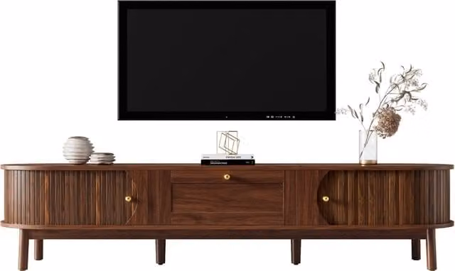Mobile porta TV moderno in legno massello con cassetti, angoli arrotondati classici, gambe in legno robuste, mobile porta TV con vano contenitore per