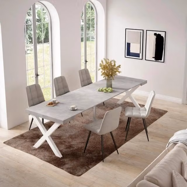 Consolle allungabile, 58 fino 302x90x73cm, Per 14 persone, Gambe in legno, grigio cemento RF2827