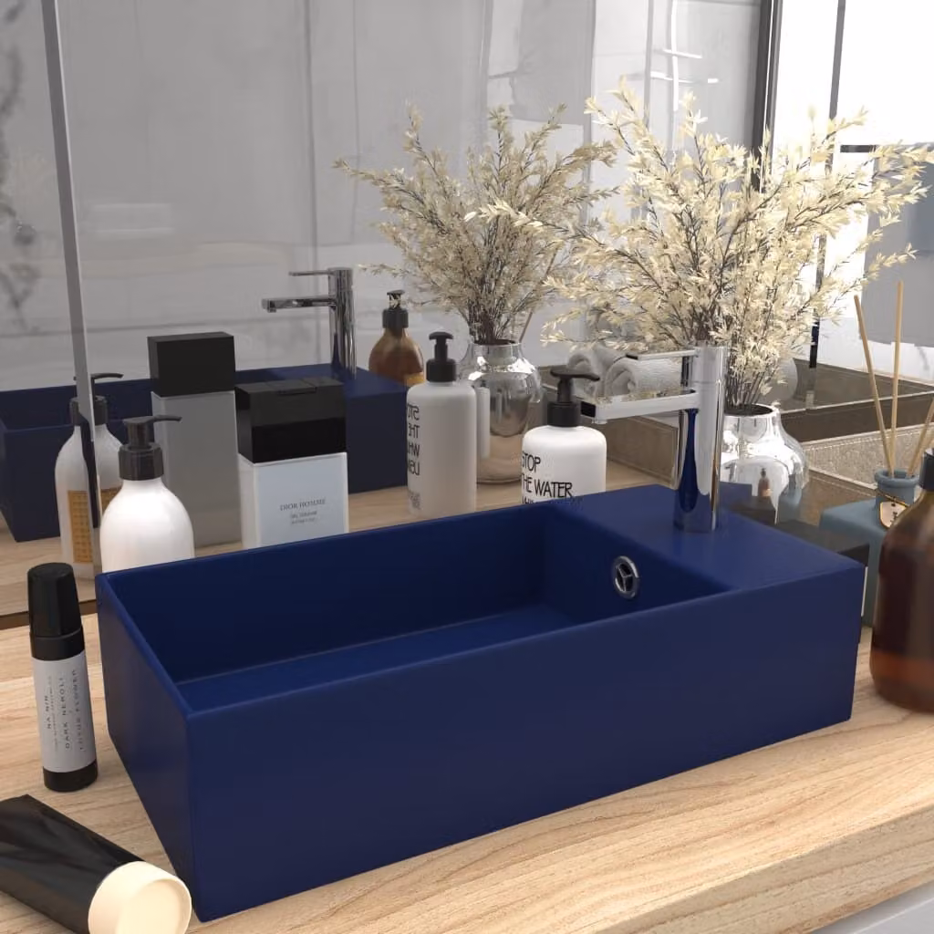 The Living Store Lavandino da bagno con troppopieno in Vetroceramica blu scuro
