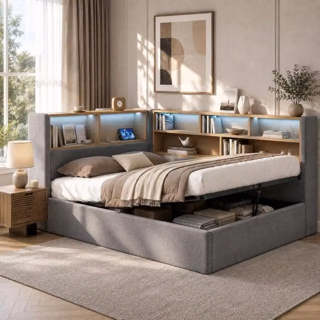 Letto da giorno 90×200 cm imbottito in velluto grigio con contenitore idraulico, luci LED, porta USB e schienale, senza materasso