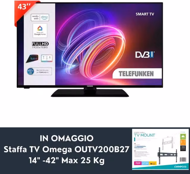 Telefunken Te43551b42 Smart 43" Full Hd-dvb-t2 + Omega Staffa Tv Outv600f