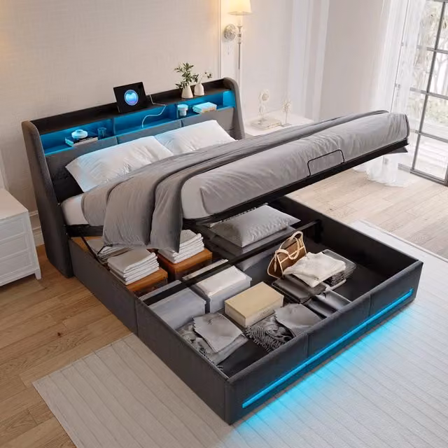 Letto contenitore imbottito in lino grigio con apertura idraulica, porte USB e USB-C e illuminazione LED, L/P: 140 x 200 cm