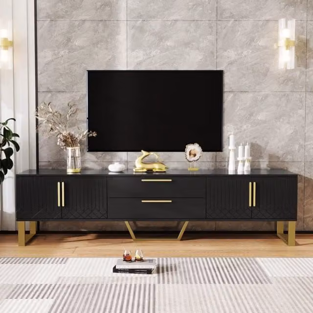 Mobile TV Lucido ¨C MINIMAL ¨C Bianco con Ante Incise, Gambe e Maniglie Dorate