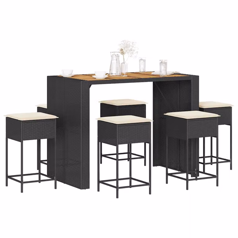 Set Bar da Giardino vidaXL in Polyrattan e Legno di Acacia con Cuscini, 7 Pezzi, Nero e Bianco