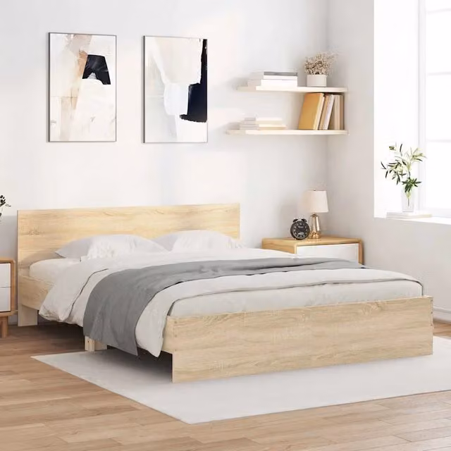 Letto con testiera vidaXL in legno Rovere Sonoma, colore marrone e beige, L/P/H: 140 x 190 cm
