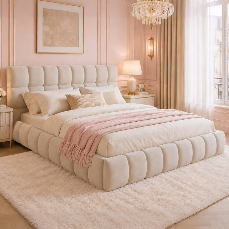 Letto imbottito 140 x 190 cm con testiera imbottita, rete con 12 listelli e superficie per materasso integrata, rivestito in velluto, colore beige/grigio